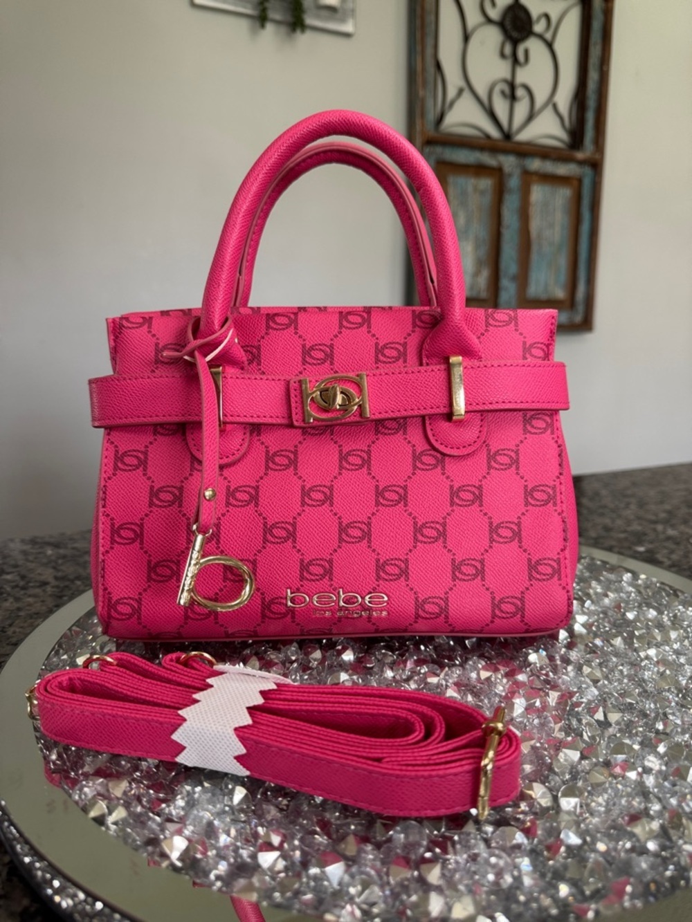 bebe Hot Pink Logo small Satchel with Gold-Tone Hardware and crossbody strap
